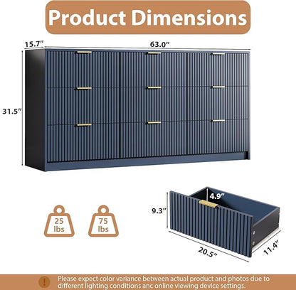3-Piece Dresser Bedroom Set, 9 Drawer Dresser & 3 Drawer Nightstands with Gold Handles, Fluted Wood Chest of Drawers for Bedroom, Living Room, Entryway, Navy Blue