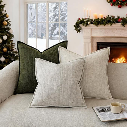a moment Christmas Linen Pillow Covers Set of 2,Boho Farmhouse Throw Pillowcases Neutral Textured Decorative Covers for Couch Sofa,Soft Linen Blend Accent Case Cushion Home Decor 20"x20"Dark Green