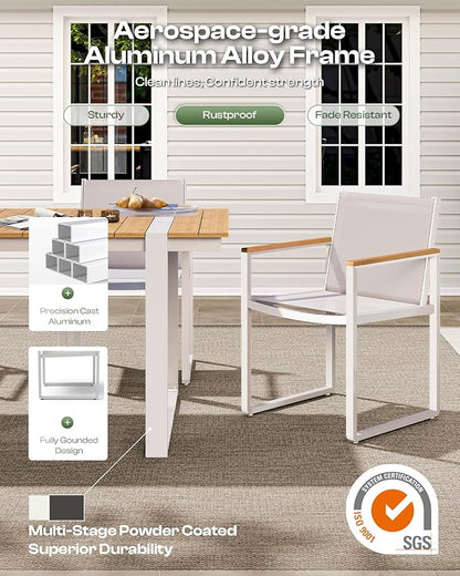 Outdoor Dining Table for 6, HDPS+ Aluminum Patio Dning Table with U-Shape Leg, Size: 67.4"*32.3"*29.6",Modern Rectangular Table for Lawn, Garden (White-Teak)