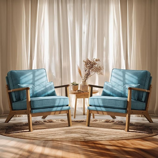 VINGLI Solid Wood Wide Armrests Accent Chair Set of 2,Upholstered Mid Century Modern Chair with Pillow,Comfy Reading Chair,Chairs Living Room,Bedroom,Guest Room,Linen Fabric,Navy Blue