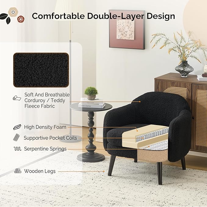 VINGLI 30.3" Wide Modern Barrel Accent Armchair with Track Armrest, Solid Wooden Legs, Comfy Upholstered Club Chair, Round Single Home Sofa for Living Room, Bedroom, Reading Room,Teddy Fleece Black