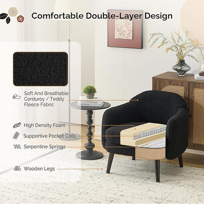 VINGLI 30.3" Wide Modern Barrel Accent Armchair with Track Armrest, Solid Wooden Legs, Comfy Upholstered Club Chair, Round Single Home Sofa for Living Room, Bedroom, Reading Room,Teddy Fleece Black