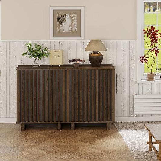 Sideboard Buffet Cabinet with Storage, Walnut Freestanding Floor Cabinet Farmhouse Sideboard with 2 Fluted Doors Wooden Hallway Cabinet Media Console Table Credenza for Living Room Dining Room, 2PCS