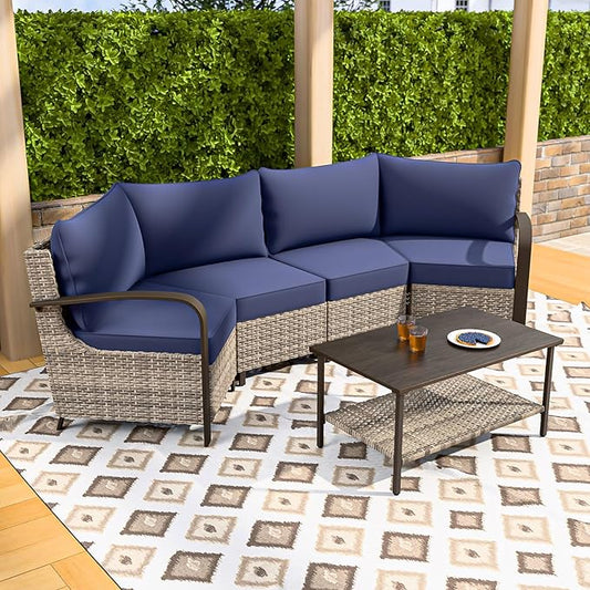COOS BAY Aurora Terrace Half-Moon Outdoor Furniture Set, Rattan Conversation Set with Curved 4-Seat Sofa, Coffee Table, Seats 4, Beige/Blue