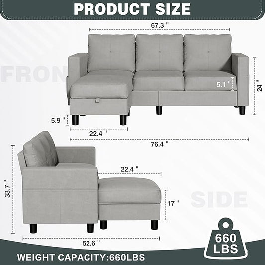 JY QAQA Convertible Sectional Sofa with 3-Seater Sofa, L-Shaped Ottoman Couch with Modern Linen for Apartment, Small Living Room and Small Space (Light Grey)