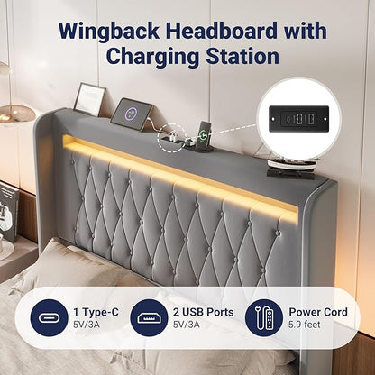 Allewie Upholstered Full Size Platform Bed Frame with LED Light and Charging Station, Button Tufted High Headboard, Wingback Design, Noise Free, Easy Assembly, No Box Spring Needed, Grey