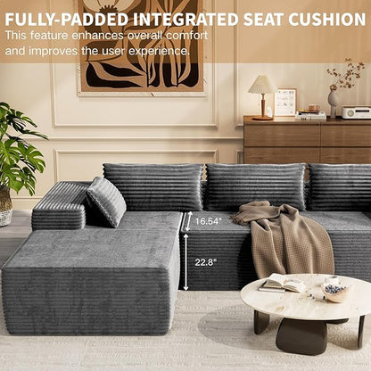 Kingdura 105.5'' Cloud Sectional Couch with L-Shape Chaise, Grey Modern Modular Sofa with Deep Seat, Corduroy Fabric, No Assembly Required, Upholstered Couches for Living Room Bedroom