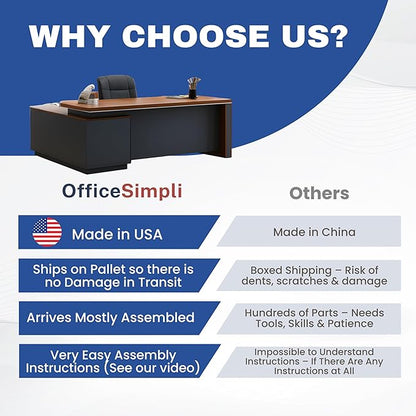 OfficeSimpli Modern L Shaped Executive Desk, 84x72x30 Inch - Made in USA – Ships Mostly Assembled – Home Office Workstation & Business Furniture, Large CEO Desk Table with Cabinets & Lockable Drawers