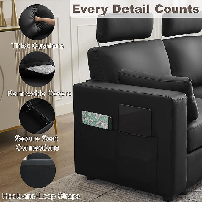 41.1" Accent Storage Sofa Chair with Ottoman, Faux Leather Living Room Chaise Lounge Chair with Headrest & Side Pockets, Modern Upholstered Comfy Arm Chairs, Sleeper Sofa, Reading Club Chairs, Black