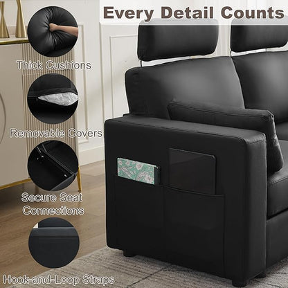 41.1" Accent Sofa Chair with Storage, Faux Leather Living Room Chairs with Headrest and Side Pockets, Mid Century Modern Arm Chair, Upholstered Comfy Single Couch Reading Club Chairs, Black