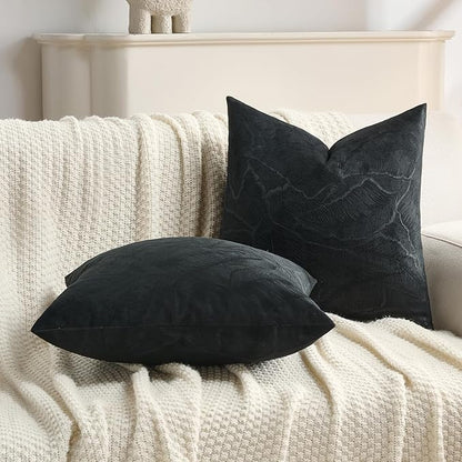 FUTEI Black Velvet Throw Pillow Covers 22x22 Inch Set of 2,Soft Embossed Leaf-Relief Textured Cushion Cases,Natural Home Decor for Couch Living Room