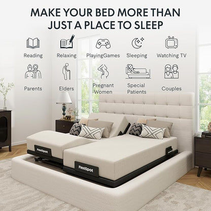 FLEXISPOT Adjustable Bed Frame Base Split King + 6" Cooling Gel Memory Foam Mattress, Massage, Head and Foot Incline, Zero Gravity, Zero Clearance, Under-Bed Lights, Anti-Snore, Wireless Remote