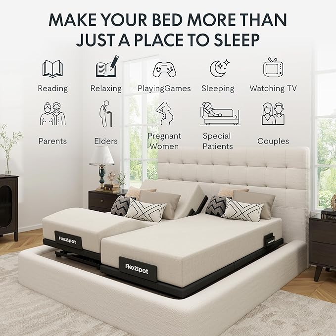 FLEXISPOT Adjustable Bed Frame Base Split King + 10" Cooling Gel Memory Foam Mattress, Massage, Head and Foot Incline, Zero Gravity, Zero Clearance, Under-Bed Lights, Anti-Snore, Wireless Remote