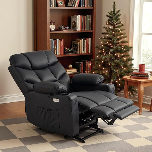 MCombo Power Lift Recliner Chair with Extended Footrest for Elderly People, Faux Leather 7287 (Black, Medium)