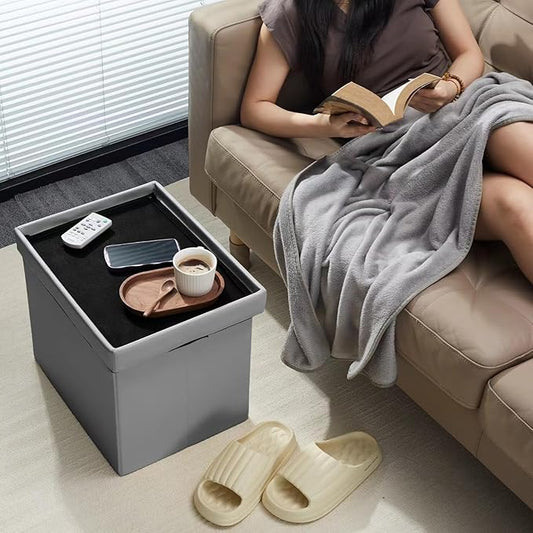 AmasSmile Storage Ottoman Folding Foot Rest Stool with Side Pocket, 16 inch Leather Footstool Bench, Short Ottoman Bench, Storage Foot Rest Store, Books, Grey