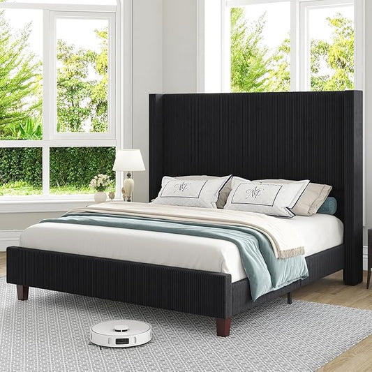 HOWE Queen Size 61" Corduroy Upholstered Bed Frame, Platform Bed with Vertical Stripe Wingback Headboard, No Box Spring Needed/Noise Free/Solid Wood Slats/Black