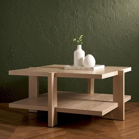 SAFAVIEH Couture Collection Quigley Natural Oak Brown 2-Tier Square Coffee Table, Ideal for Living Room, Office, Bedroom