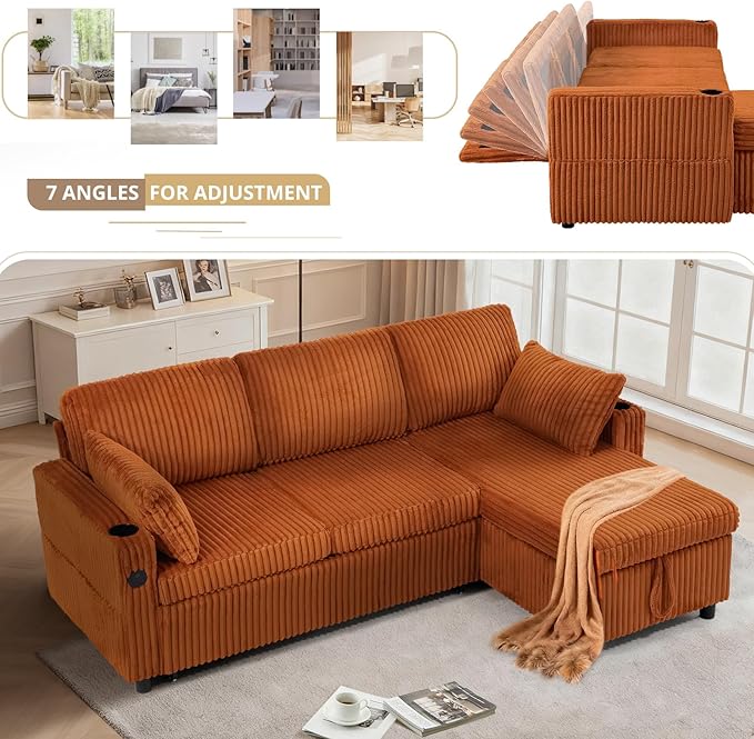 84" Corduroy Pull Out Sofa Bed w/Adjustable Backrests, Sectional L-Shape Sleeper Sofa w/Storage Chaise, Convertible Couch Bed w/USB Charging Port & Cup Holders for Living Room, House, Orange