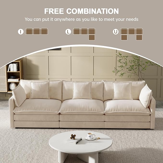 Modular Sectional Sofa, 111.5 Inch I-Shaped Cloud Sofa with Deep Seat Chenille Sofa with Cushions, Three-Self Sectional Sofa for Living Room Apartment,Light Coffee