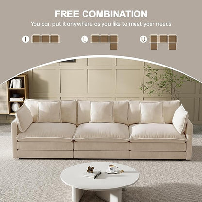 Modular Sectional Sofa, 111.5 Inch I-Shaped Cloud Sofa with Deep Seat Chenille Sofa with Cushions, Three-Self Sectional Sofa for Living Room Apartment,Light Coffee