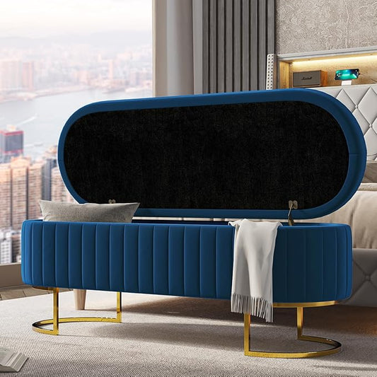 EcoHarbor Living 50" Velvet Storage Bench Hallway Ottoman,Upholstered End of Bed Bench with 2 Additional Ottomans Gold Legs,Flipping Lid Entryway Footrest