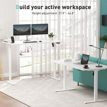 One-Piece Electric Standing Desk, 48 x 24 Inch Adjustable Height Sit to Stand Up Desk for Home Office, Work & Study, Black Frame & White Desktop (2 Packages)
