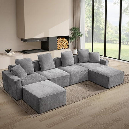 WILLOVE 141'' Modular Sectional Sofa, Chenille Cloud Couch with Wide Armrests & 6 Pillows, Deep Seat Couches for Living Room, Grey