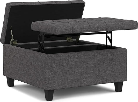 SIMPLIHOME Harrison 30 inch Wide Transitional Square Small Coffee Table Storage Ottoman in Slate Grey , Assembled, For the Living Room and Bedroom
