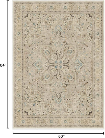 RUGGABLE Washable Vintage Area Rug – Kamran Ivory Opal 5x7, Stain-Resistant, Non-Slip – Medium Machine Washable Rugs for Living Room, Bedroom, Hallway, Entryway & Office–with Cushioned Pad