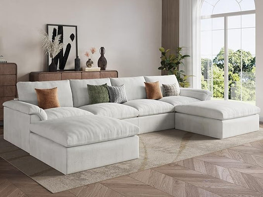 EASE MOOSE Boneless Modular Cloud Couch, U-Shaped Oversized Sectional Sofa for Living Room with Ottoman, Extra Large Movable Couches, 6-Deep-Seat Sofas for Bedroom Apartment, Chenille (White)
