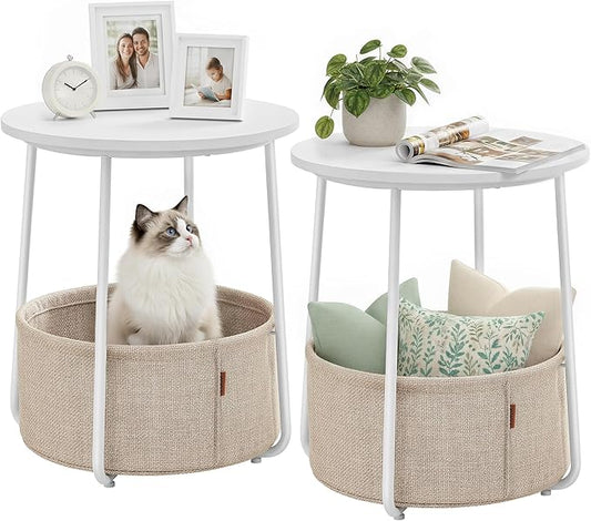 VASAGLE LILEA Collection - Small Round Side End Table, Modern Nightstand with Fabric Basket, for Living Room, Bedroom, Set of 2, Matte White and Camel Brown ULET225WG01S