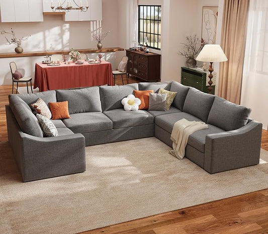 ABCASA Oversized 136" Modular Sectional Sofa, Deep Seat U Shaped Couches for Living Room, Breathable Linen Fabric Corner Couch, Easy to Assemble, Grey