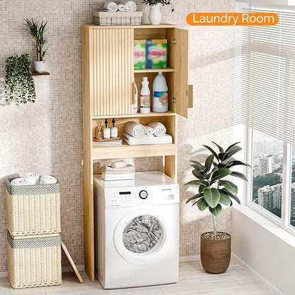 VINGLI Fluted Over The Toilet Storage Cabinet, Modern Behind Toilet Cabinet Bathroom Organizer with 2 Fluted Doors,Wood Storage Organizer Freestanding with Adjustable Shelf for Bathroom,Natural Oak