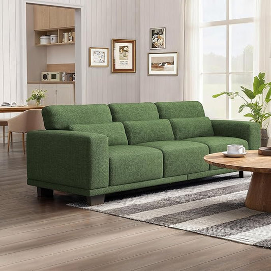 Marsail Modern 89 Inch Linen Fabric Sofa, 3-Seater Couch with Wide Armrests, Deep Cushions & Removable Washable Covers, Comfortable Living Room Furniture, Green