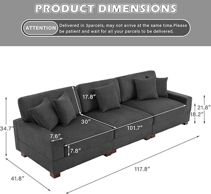 Modular Sectional Couches for Living Room, 118" Modern Upholstered 3-Seater Sofa Couche for Living Room Bedroom, Grey
