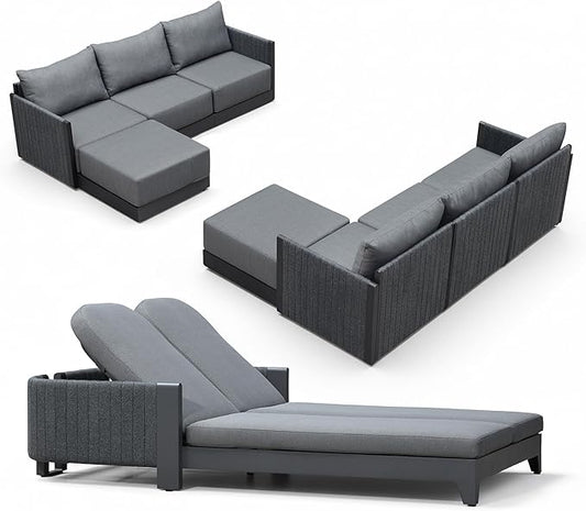 PURPLE LEAF Patio Furniture Set with 2 Person Lounge Chair 9 Pieces Outdoor Conversation Sets PP Rope Patio Sofa with Table Manual Weaving Deep Seating Furniture for Porch Lawn Backyard Gray