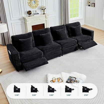 ORRD Power Reclining Sectional Sofa, Electric 3 Seat Recliner with 3 Electric Footrest and Adjustable Headrest, Modern Plush Corduroy Fluffy Reclining Sectional with Deep Seat for Living Room-Black
