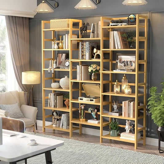 Homykic Bamboo Triple Wide Shallow Bookshelves and Bookcases, 6-Tier 6ft Tall Bookshelf with 17 Open Display Shelves, Large Freestanding Book Shelf for Home Office, Bedroom, Living Room, Natural