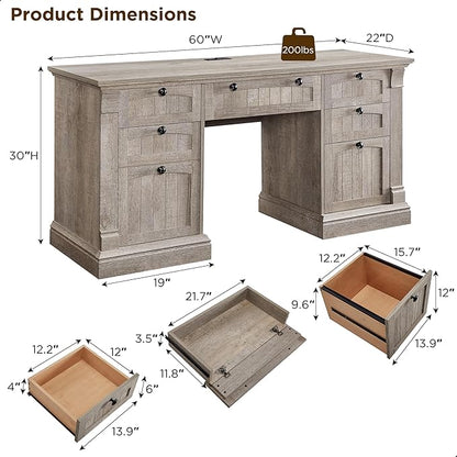 OKD 60" Executive Desk with Drawers, Farmhouse Home Office Desk with Charging Station, Keyboard Tray, File Cabinet Storage, Wood Computer Desk for Work and Study, Light Rustic Oak