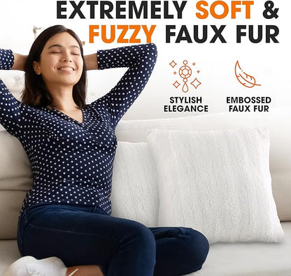 Cheer Collection Faux Fur Throw Pillows - Decorative Pillows for Couch, Bed Throw Pillows, White Accent Pillows for Bedroom or Living Room Aesthetic, Set of 2 Furry Throw Pillows, 22" x 22"