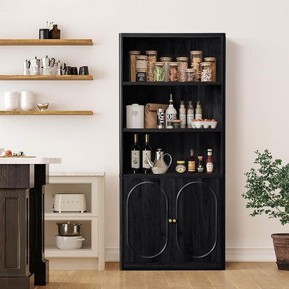 70.8" Tall Fluted Bookshelf with Storage Cabinet Set of 2, Modern 5-Tier Wood Bookcase with Open Display Storage Shelf, Gold Handles for Office Living Room (Black)