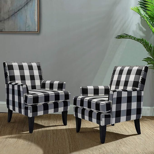 HULALA HOME Modern Accent Chairs Set of 2, Farmhouse High Back Buffalo Plaid Chairs with Wooden Legs & Nail Head Trim, Comfy Upholstered Armchairs for Living Room/Bedroom (Buffalo Black)