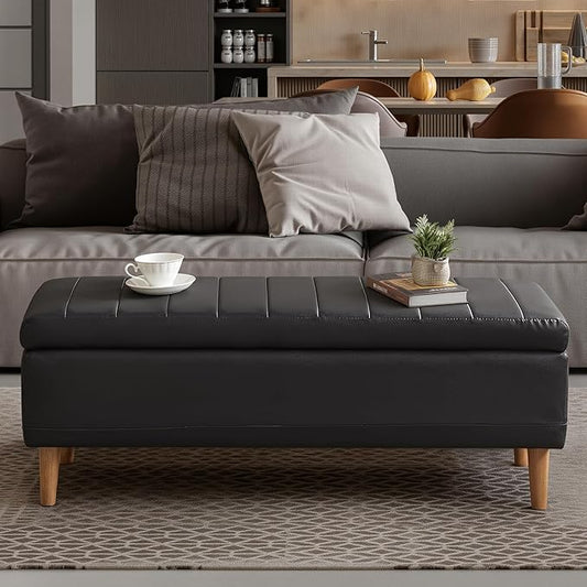 VECELO 44.5" Ottoman with Storage, Storage Ottoman Bench with 2 Gas Spring Lid Supports, PU Leather Upholstery, Solid Wood Legs, Black Shoe Bench for Bedroom, Living Room, Entryway