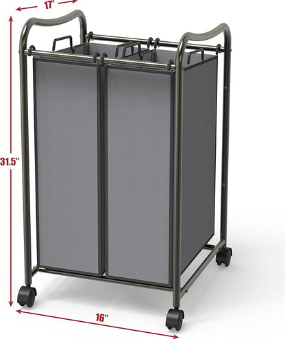 Simple Houseware 2-Bag Heavy Duty Rolling Laundry Sorter Cart, Dark Gray – 2 Section Removable Bags and Lockable Wheels for Laundry Room Organization