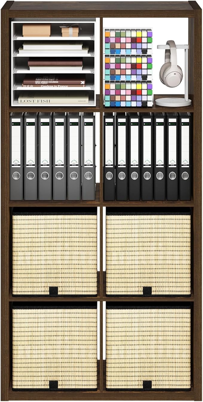 Furinno Cubicle Book Shelf, 8-Cube Thick Frame Bookshelf, Horizontally & Vertically Reversible Bookcase with Open Back, 14.6 x 30 x 57.9, for Living Room, Bedroom, Home Office, Amber Pine