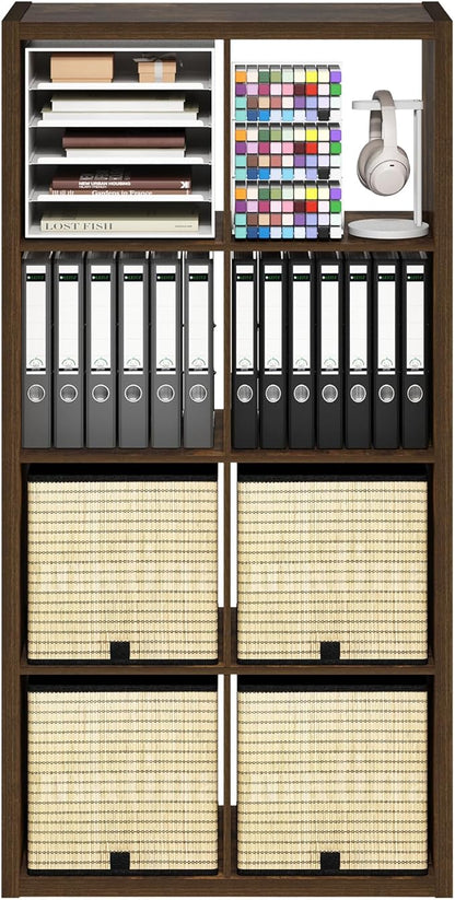 Furinno Cubicle Book Shelf, 8-Cube Thick Frame Bookshelf, Horizontally & Vertically Reversible Bookcase with Open Back, 14.6 x 30 x 57.9, for Living Room, Bedroom, Home Office, Amber Pine
