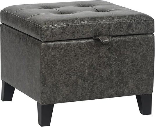 Asense 17 Inch Storage Ottoman Foot Rest,Square Faux Leather Foot Stool,Small Ottoman with Storage,Padded Seat for Entryway,Living Room,Bedroom,Couch,Under Desk,Dark Grey
