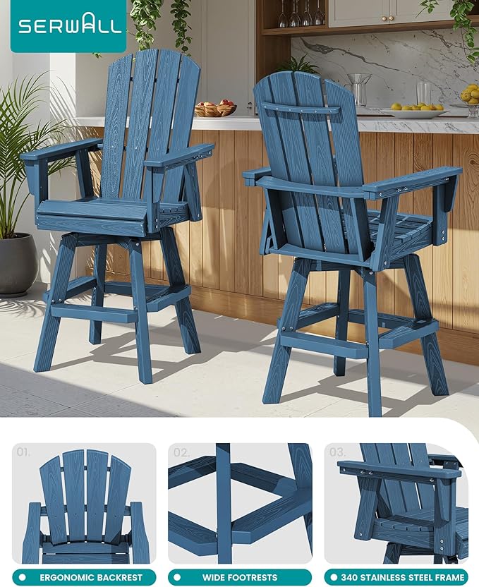 SERWALL Swivel Adirondack Bar Chairs Set of 2, HDPE Outdoor Swivel Barstools Chairs Set of 2 for Bistro, Poolside, Garden, Blue