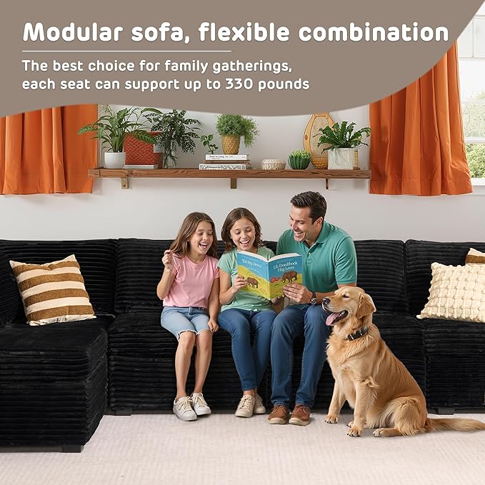 130'' Modern Modular Sectional Sofa with Ottoman, 8 Pieces U Shaped Cloud Couch for Living Room, Oversized Deep Seat Convertible Sofa Set, Plush Corduroy Black