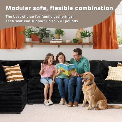 130'' Modern Modular Sectional Sofa with Ottoman, 7 Pieces L Shaped Cloud Couch for Living Room, Oversized Deep Seat Convertible Sofa Set, Plush Corduroy Black